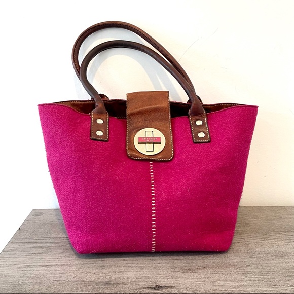 Kate Spade raspberry felt & brown leather satchel